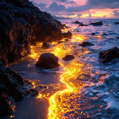 The primary subject of the image is a rocky shoreline with a glowing, yellowish-orange substance on the rocks and in the water. The setting is a beach with a body of water, and the visual style appears to be a photo. The dominant colors and overall atmosphere suggest a warm, surreal, and captivating scene.